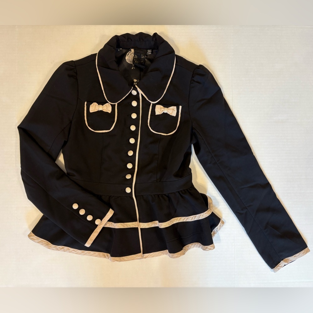 Black White Trim Ruffled Button Down Jacket Size … - image 8